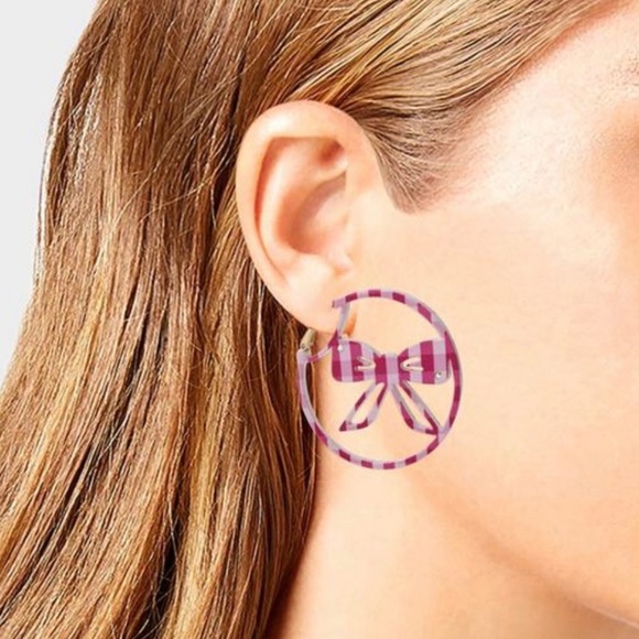 Betsy Johnson Pink & White Gingham Bow Delicate Rhinestones Hoop Earring NWT - Picture 2 of 10